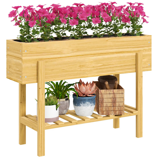 Verhoogde houten plantenbak 100x30x71 cm – met opbergrek en drainage