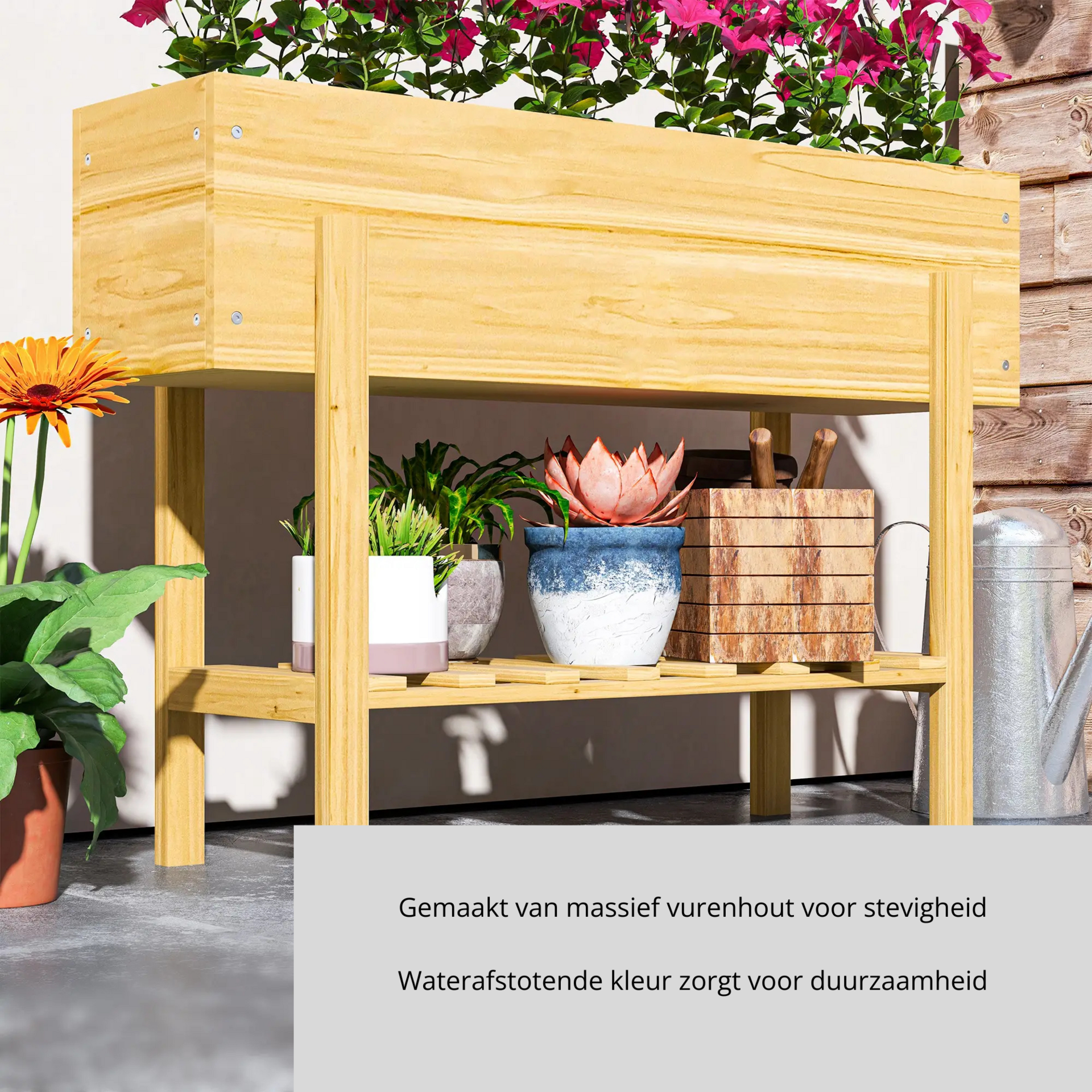 Verhoogde houten plantenbak 100x30x71 cm – met opbergrek en drainage