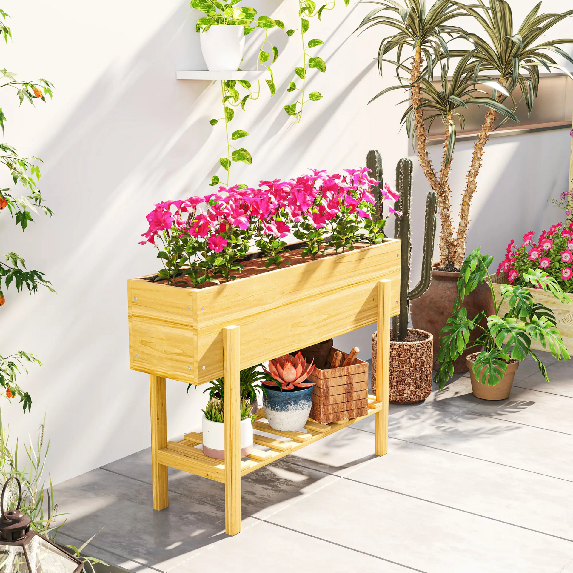 Verhoogde houten plantenbak 100x30x71 cm – met opbergrek en drainage