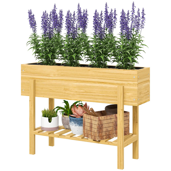 Verhoogde houten plantenbak 100x30x71 cm – met opbergrek en drainage