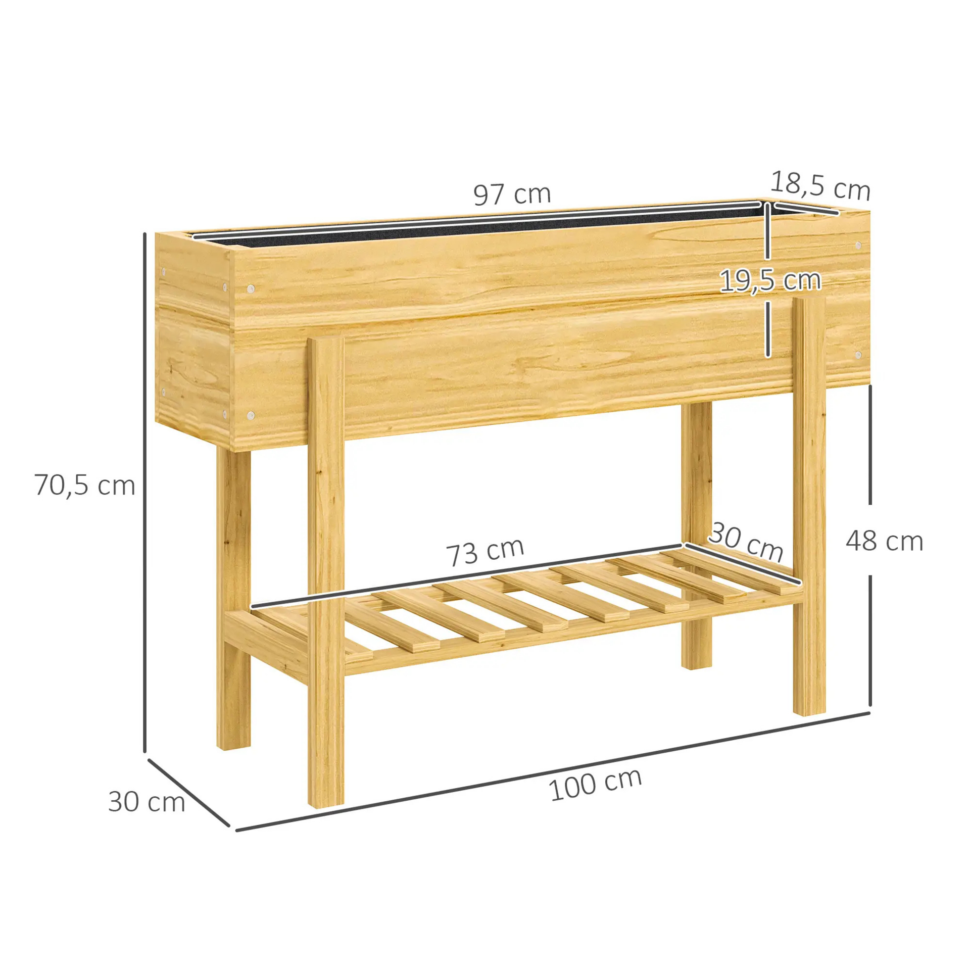 Verhoogde houten plantenbak 100x30x71 cm – met opbergrek en drainage
