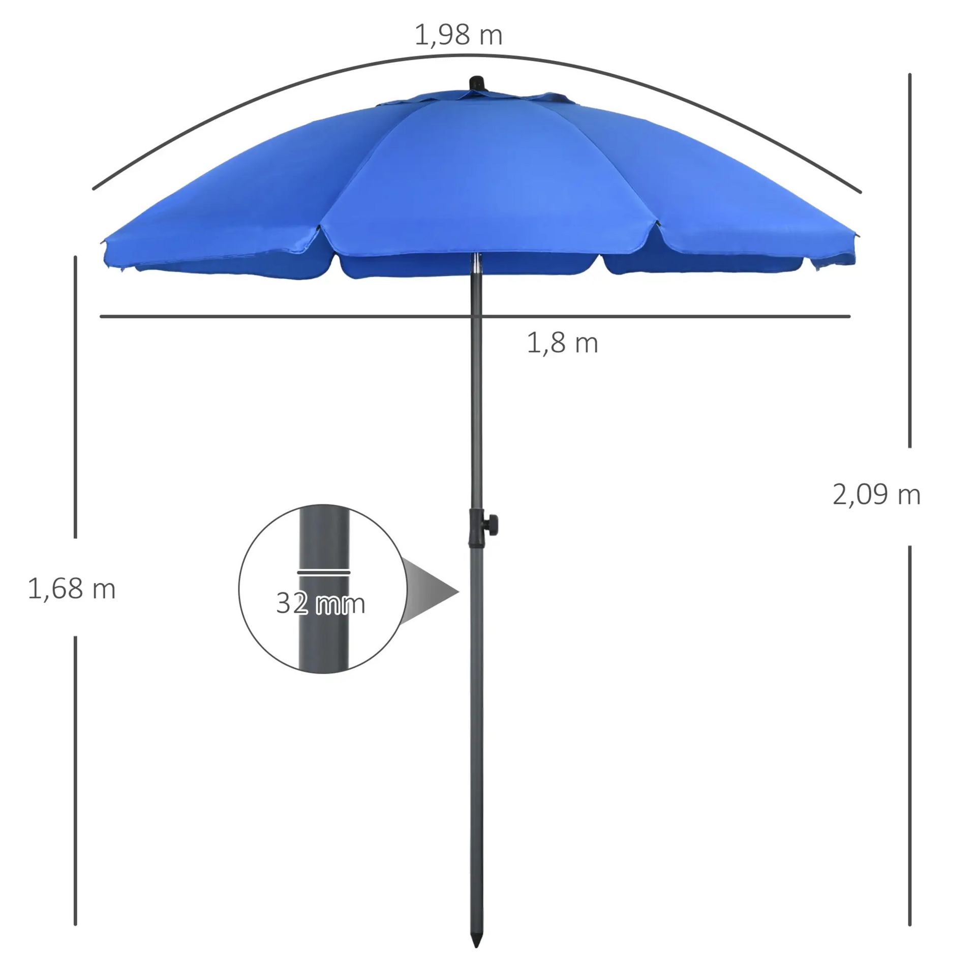Blauwe strandparasol Ø180 cm – UV50+ bescherming, kantelbaar en draagbaar