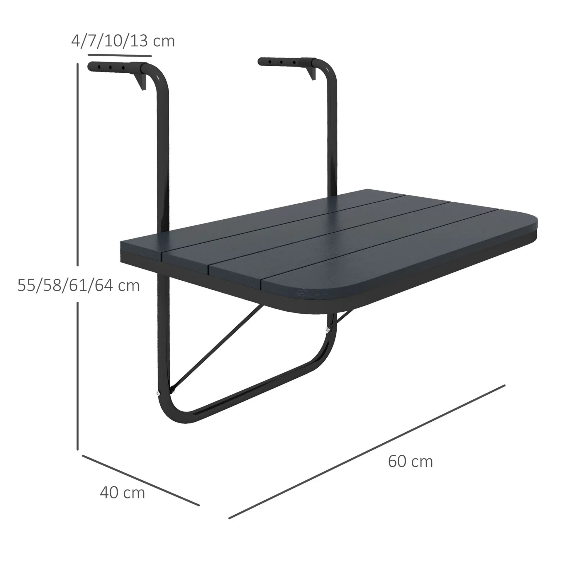 Opklapbare zwarte balkonhangtafel 60x40 cm – in hoogte verstelbaar en ruimtebesparend