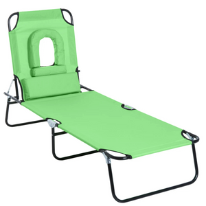 Verstelbaar groen ligbed 187x58 cm – met leesvenster en 4 rugstanden voor comfortabele ontspanning buiten
