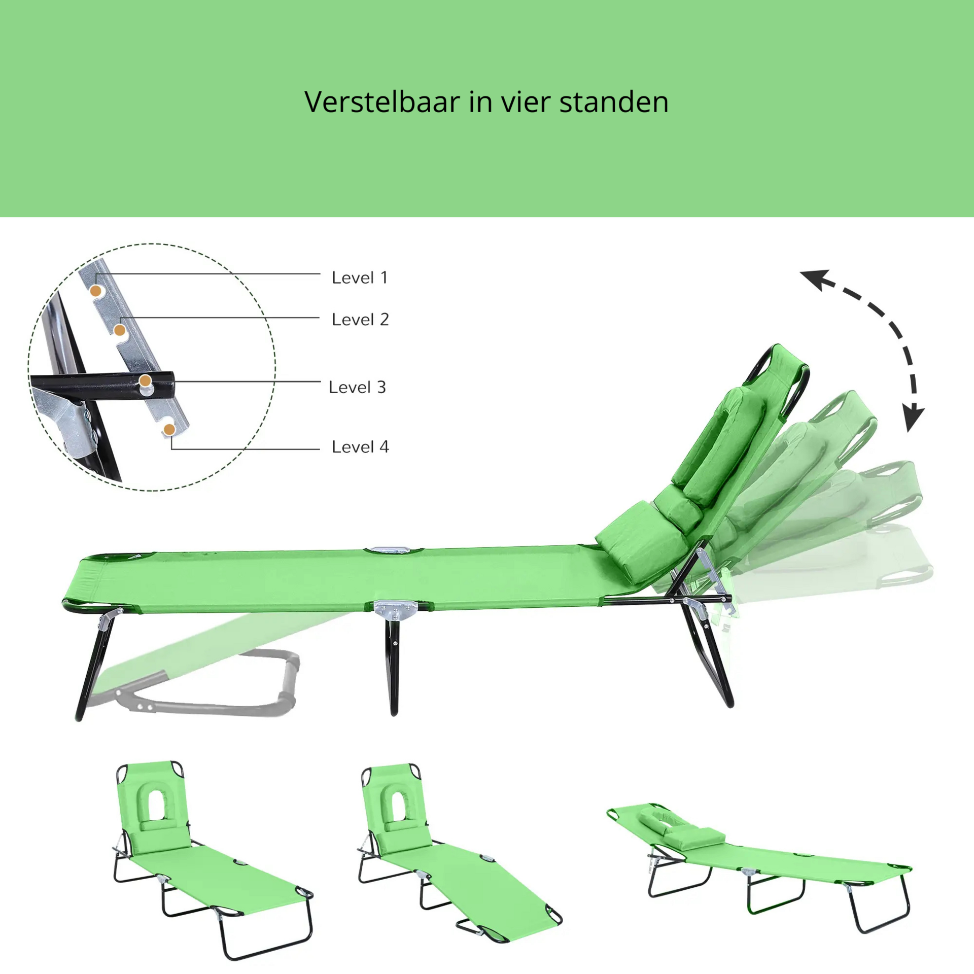 Verstelbaar groen ligbed 187x58 cm – met leesvenster en 4 rugstanden