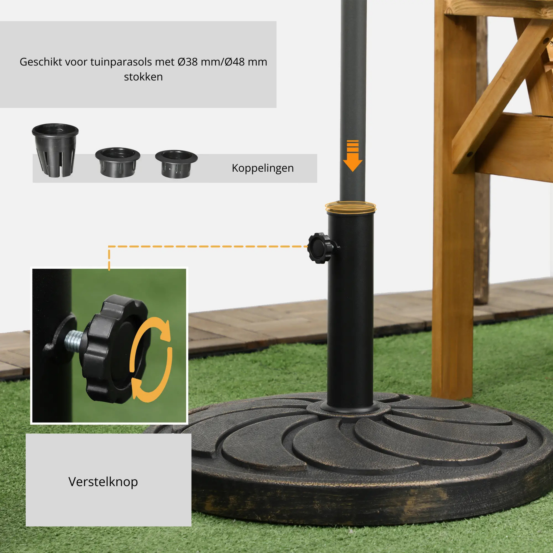 Zwarte parasolvoet 18 kg – Ø53,5 cm kunststof en staal, geschikt voor Ø38–48 mm stelen