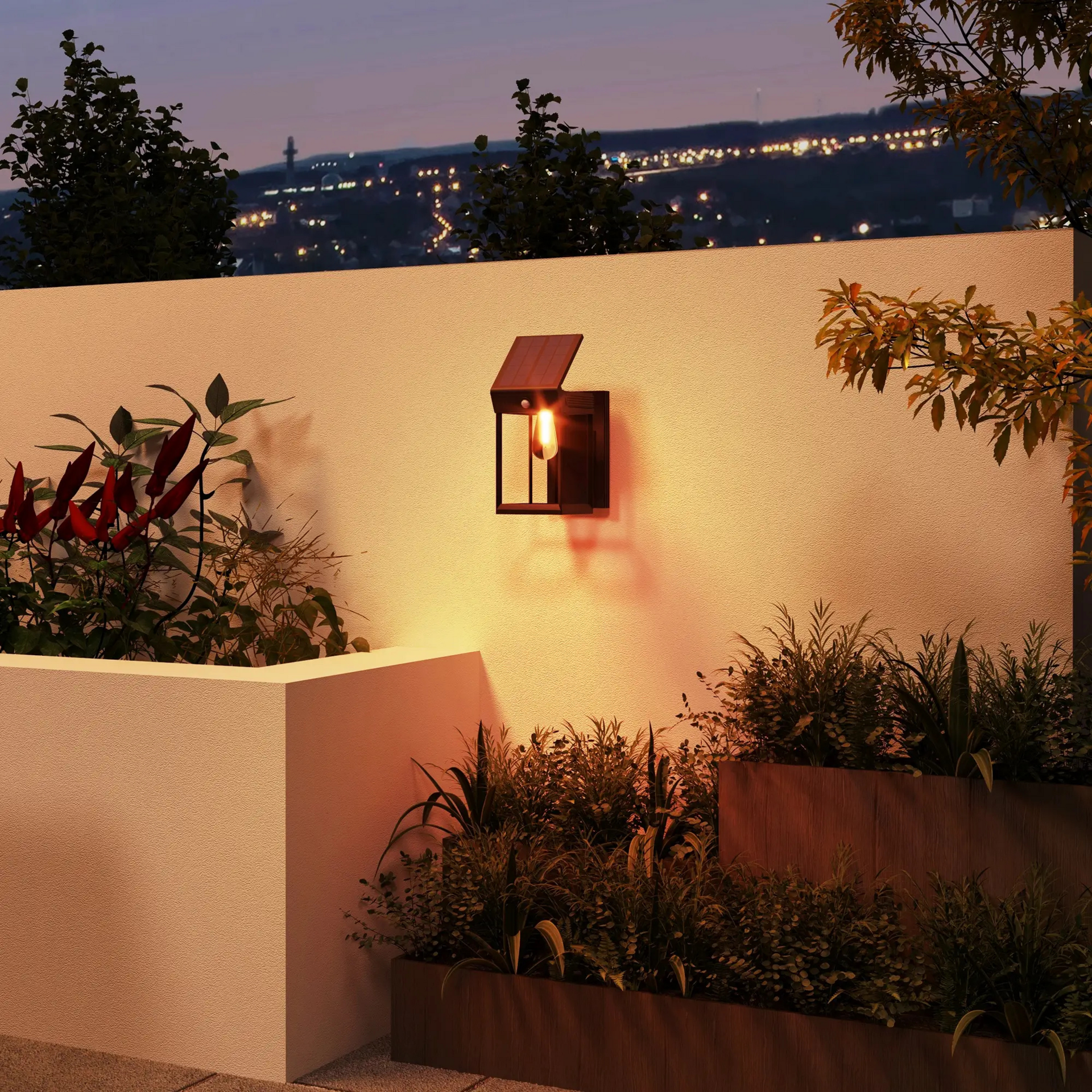 Zwarte solar wandlamp Ø53x33 cm – met sensor en IP44-bescherming