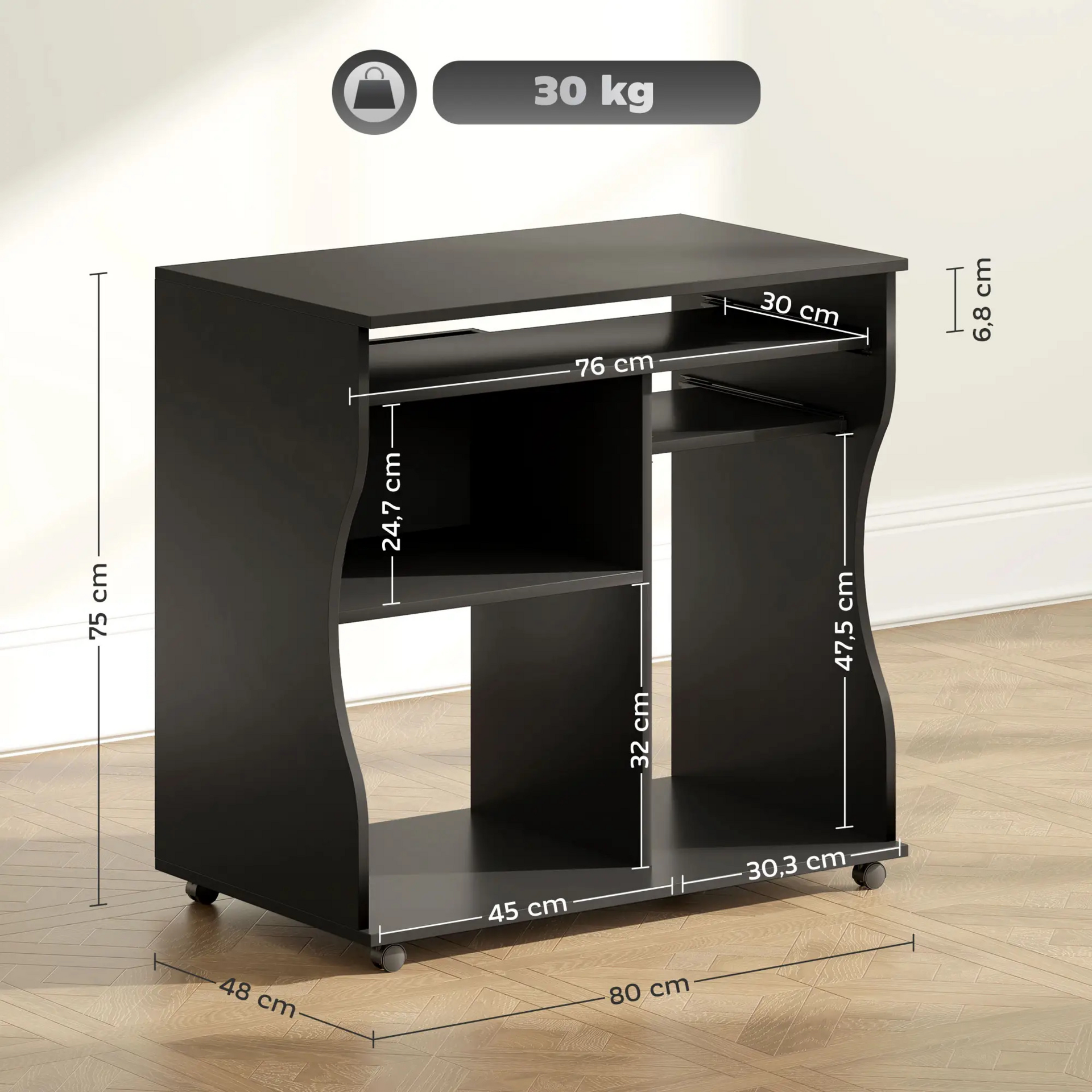 Verrijdbaar compact bureau 80x48 cm – zwart met toetsenbordlade en opbergruimte