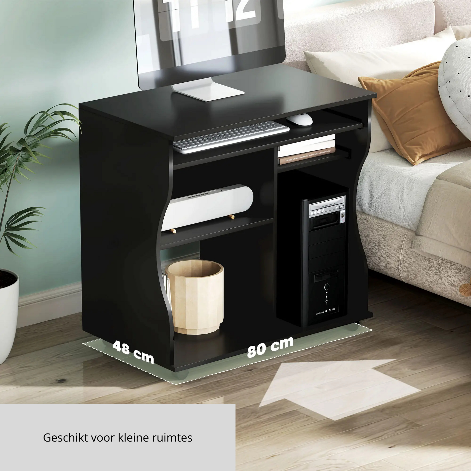 Verrijdbaar compact bureau 80x48 cm – zwart met toetsenbordlade en opbergruimte