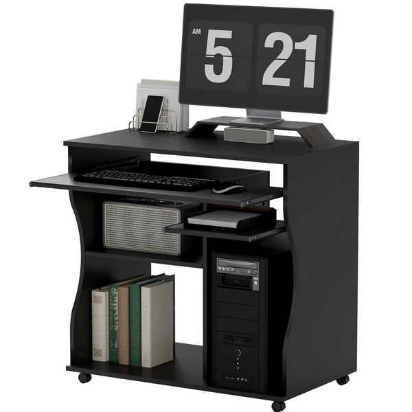 Verrijdbaar compact bureau 80x48 cm – zwart met toetsenbordlade en opbergruimte