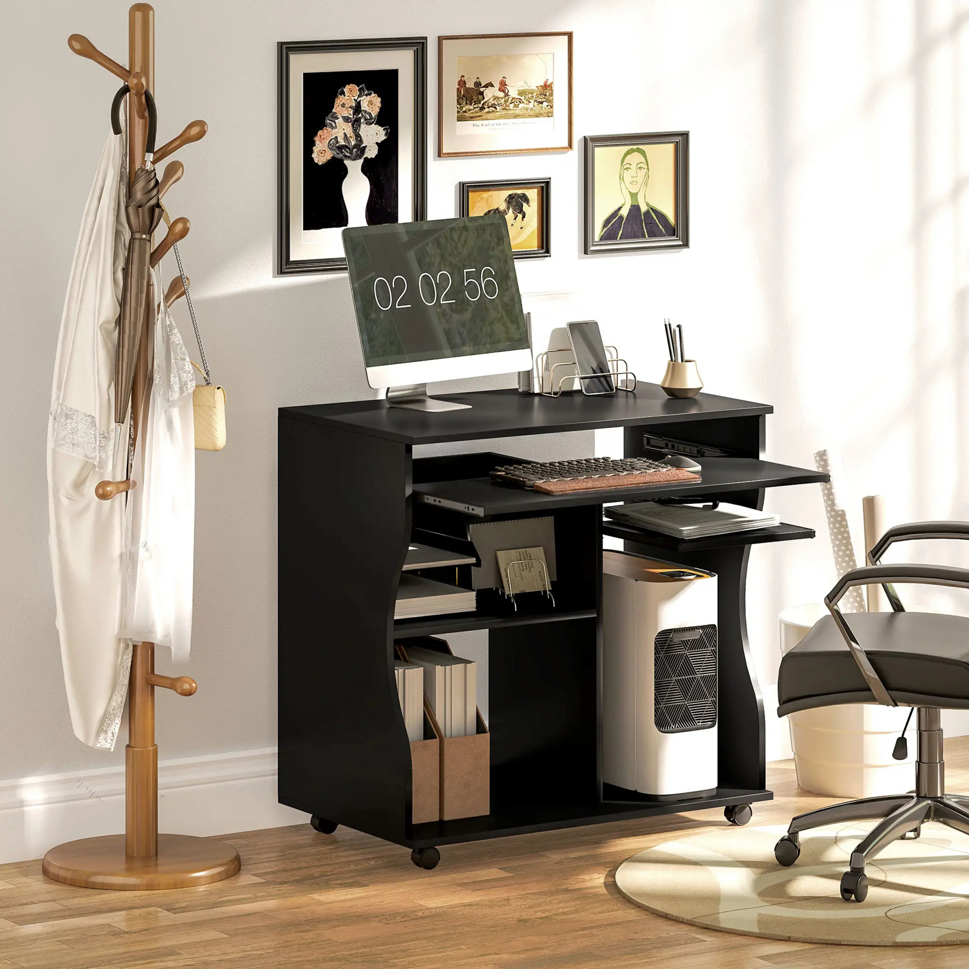 Verrijdbaar compact bureau 80x48 cm – zwart met toetsenbordlade en opbergruimte