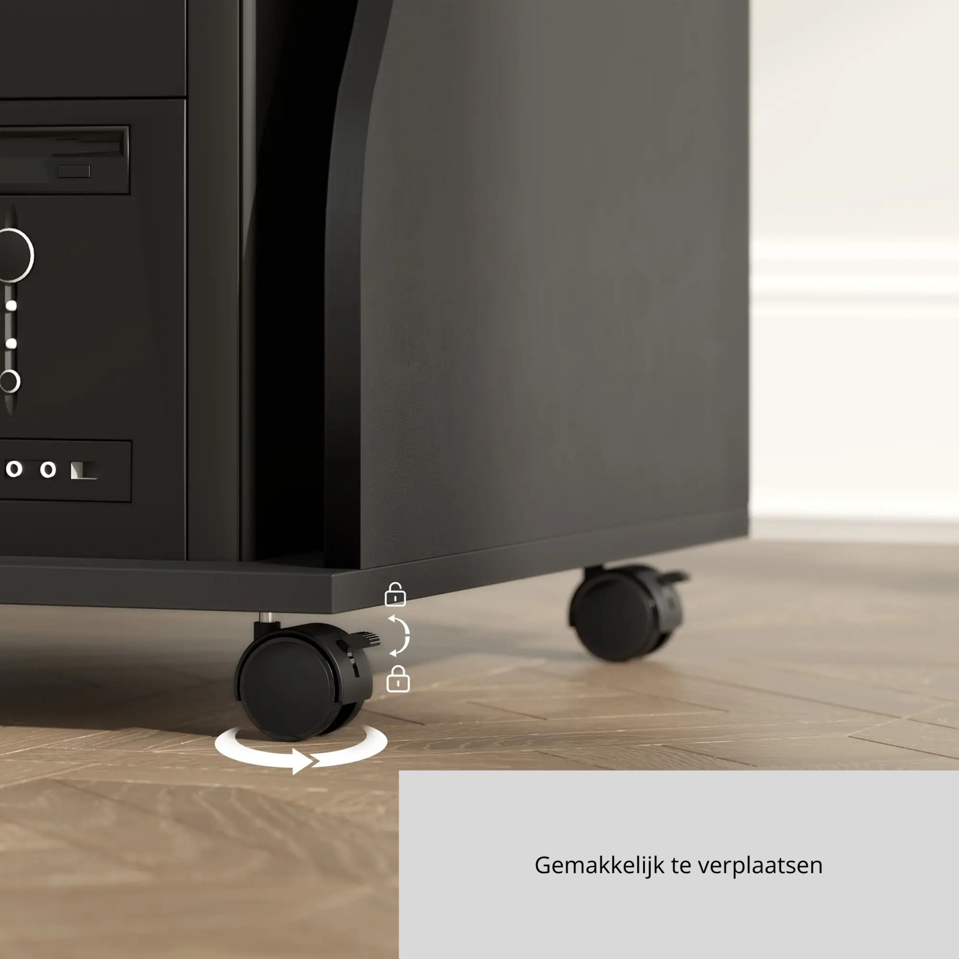 Verrijdbaar compact bureau 80x48 cm – zwart met toetsenbordlade en opbergruimte