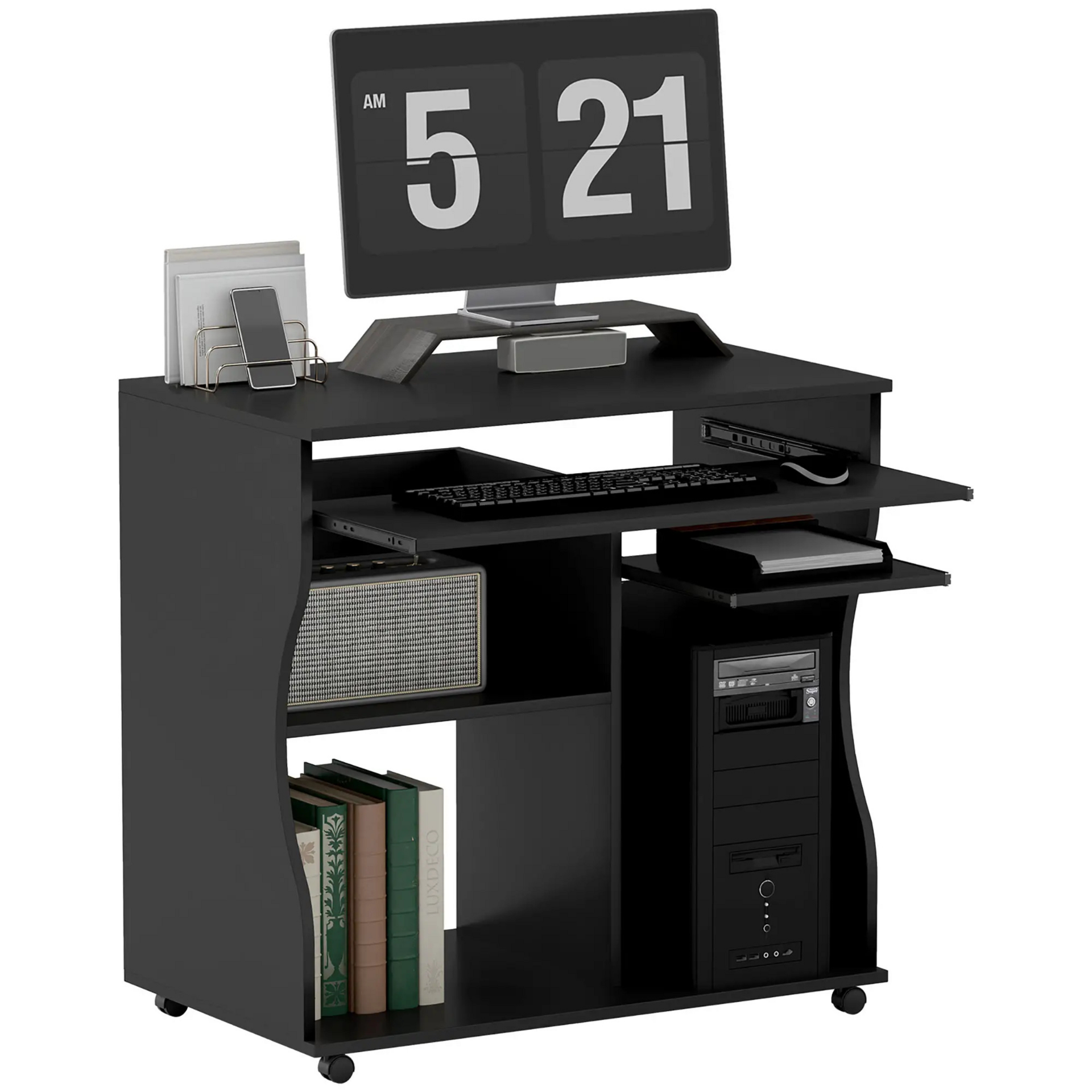 Verrijdbaar compact bureau 80x48 cm – zwart met toetsenbordlade en opbergruimte