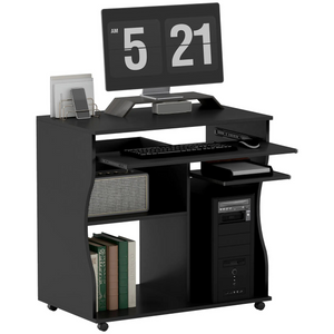 Verrijdbaar compact bureau 80x48 cm – zwart met toetsenbordlade, opbergruimte en wieltjes voor thuiswerkplek | Zenzee