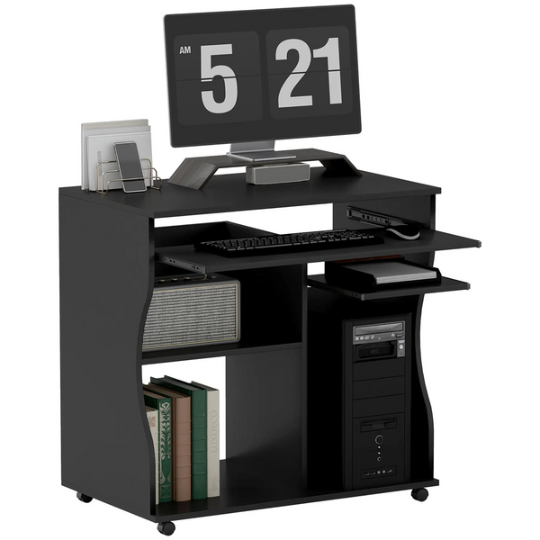 Verrijdbaar compact bureau 80x48 cm – zwart met toetsenbordlade en opbergruimte