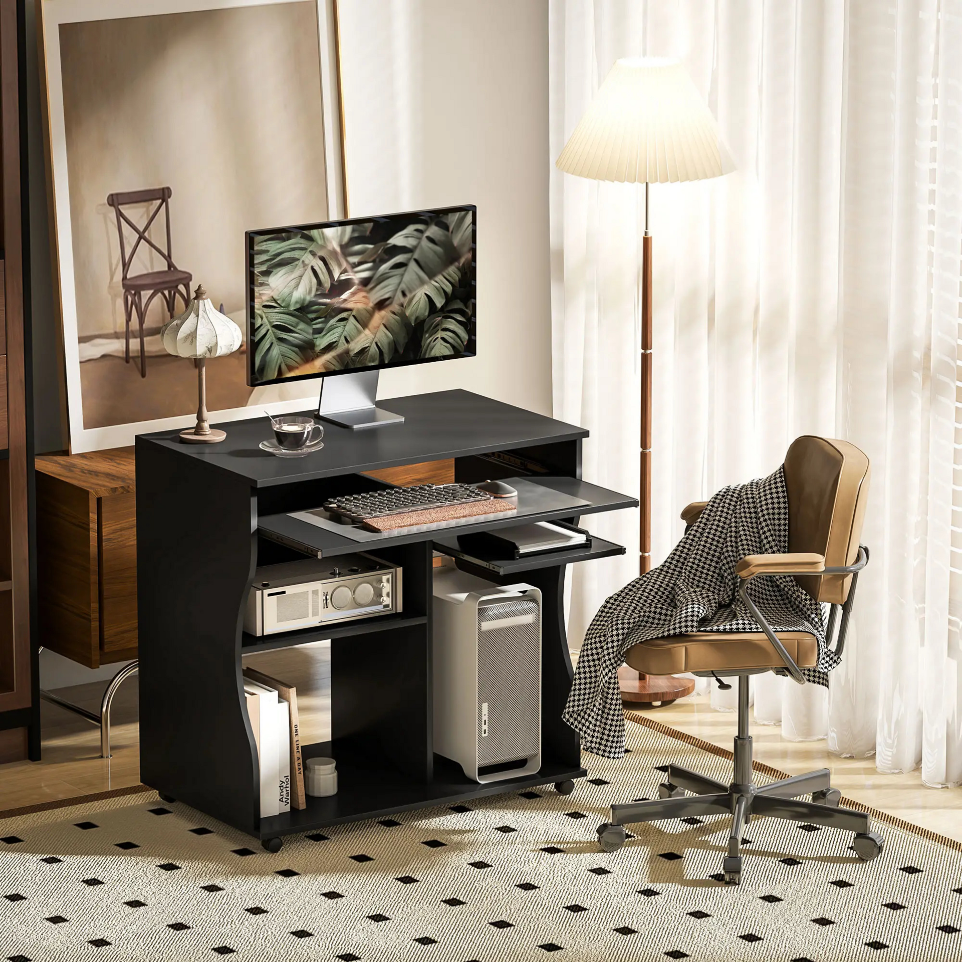 Verrijdbaar compact bureau 80x48 cm – zwart met toetsenbordlade en opbergruimte