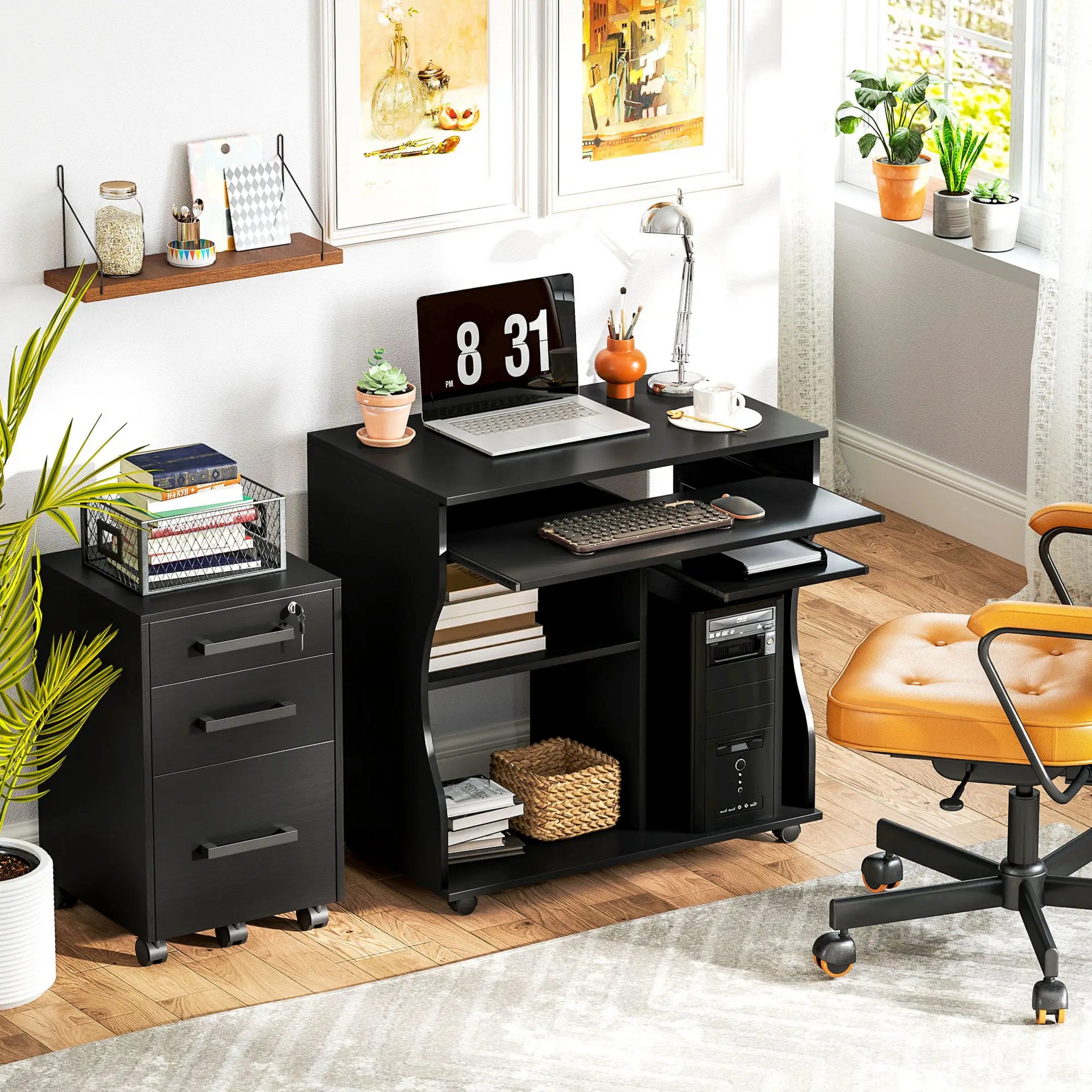 Verrijdbaar compact bureau 80x48 cm – zwart met toetsenbordlade en opbergruimte