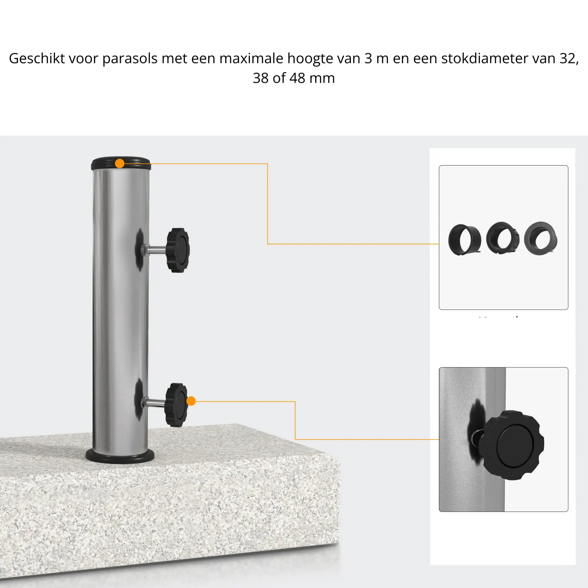 Grijze granieten parasolvoet 25 kg – geschikt voor stelen Ø32–48 mm met verstelbare klemmen voor extra stabiliteit