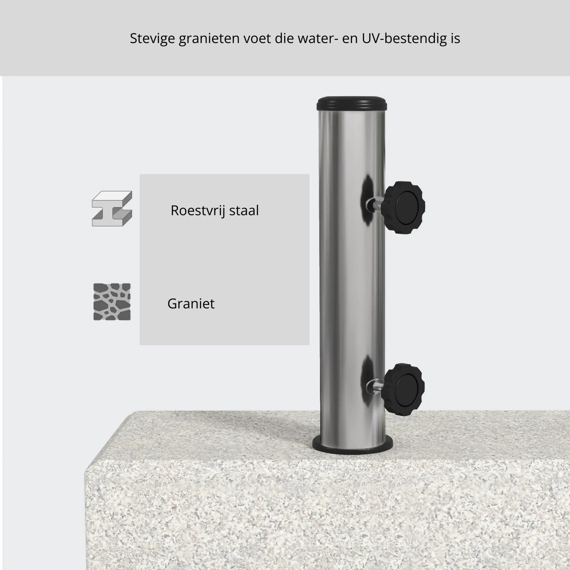 Grijze granieten parasolvoet 25 kg – geschikt voor stelen Ø32–48 mm met roestvrijstalen houder en stevig graniet