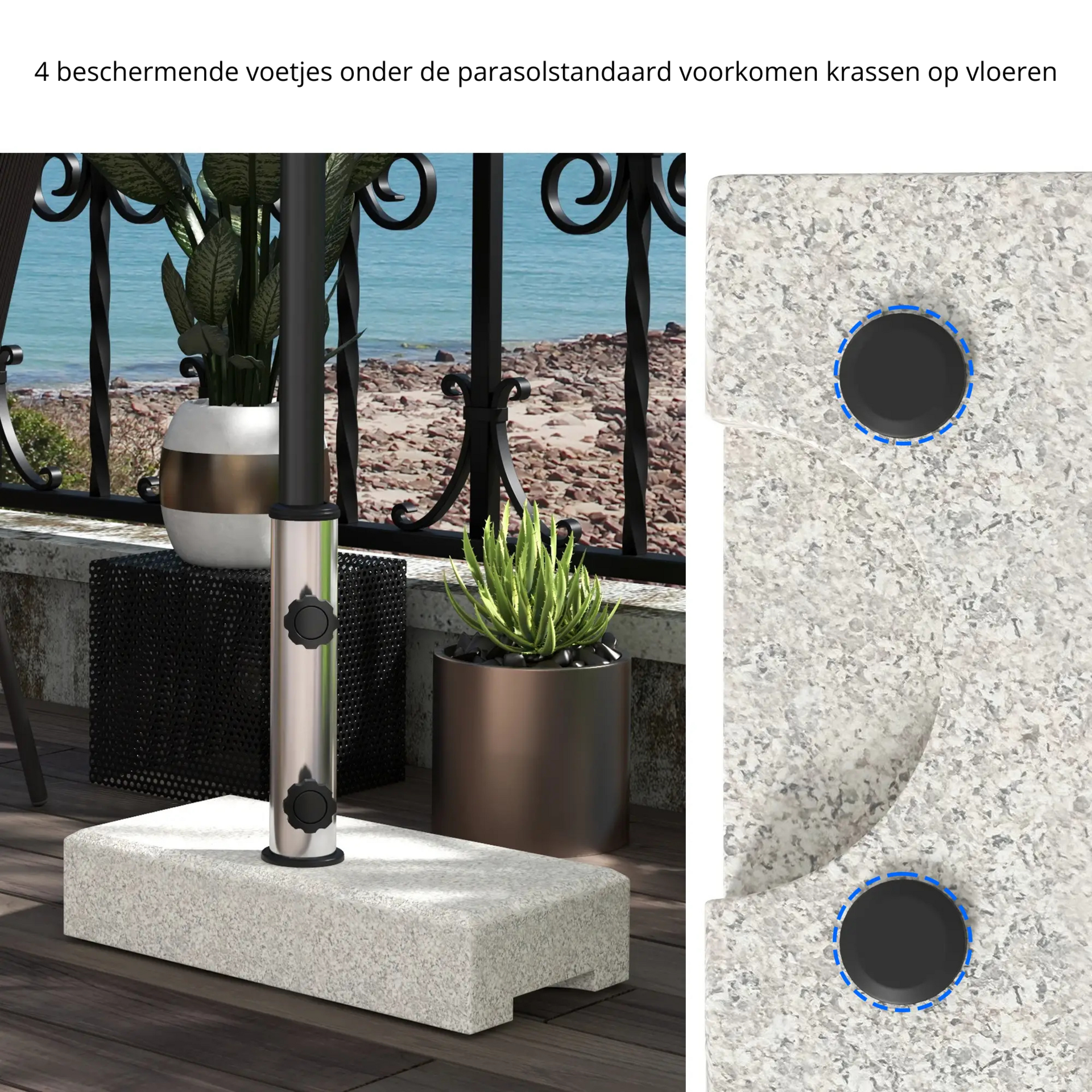 Grijze granieten parasolvoet 25 kg – geschikt voor stelen Ø32–48 mm met beschermende voetjes tegen krassen op vloeren