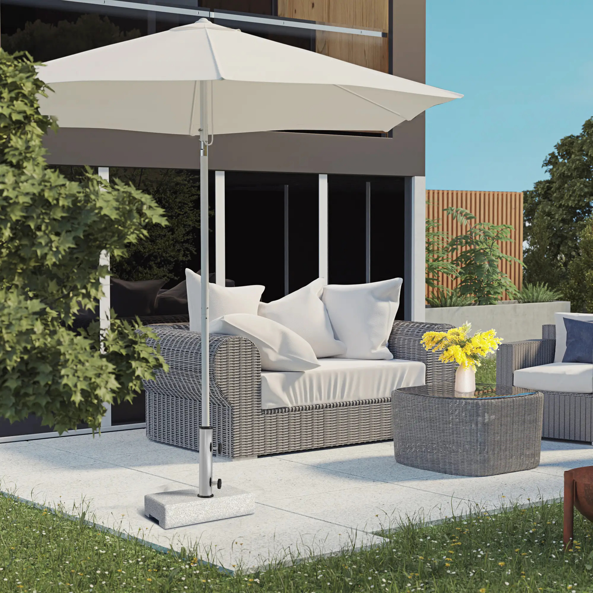 Grijze granieten parasolvoet 25 kg – geschikt voor stelen Ø32–48 mm met robuuste en stijlvolle afwerking voor tuinparasol