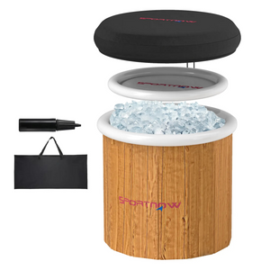 Opblaasbaar ijsbad 300L – zwart PVC met afdekhoes, houten design en accessoires voor koudetherapie en herstel na training