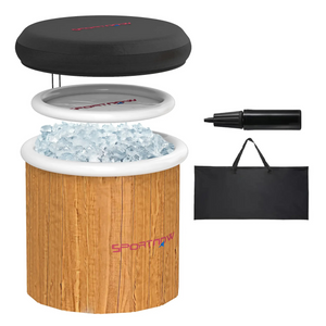 Opblaasbaar ijsbad 300L – zwart PVC met afdekhoes, houten print en accessoires voor effectieve koudetherapie thuis