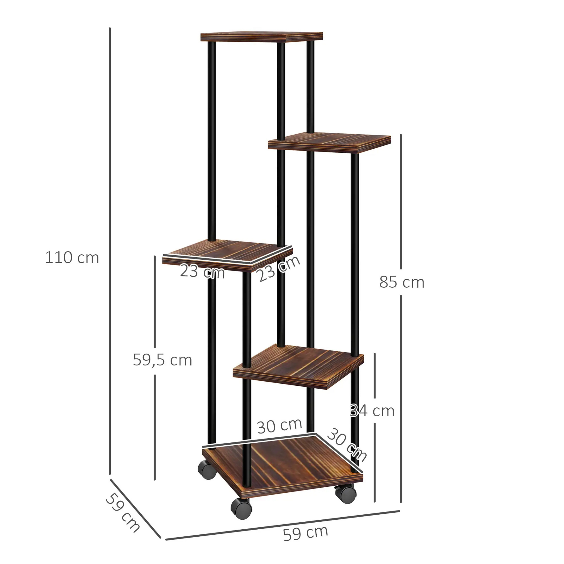 Verrijdbare plantenstandaard met 5 niveaus – zwart metaal, 110 cm hoog