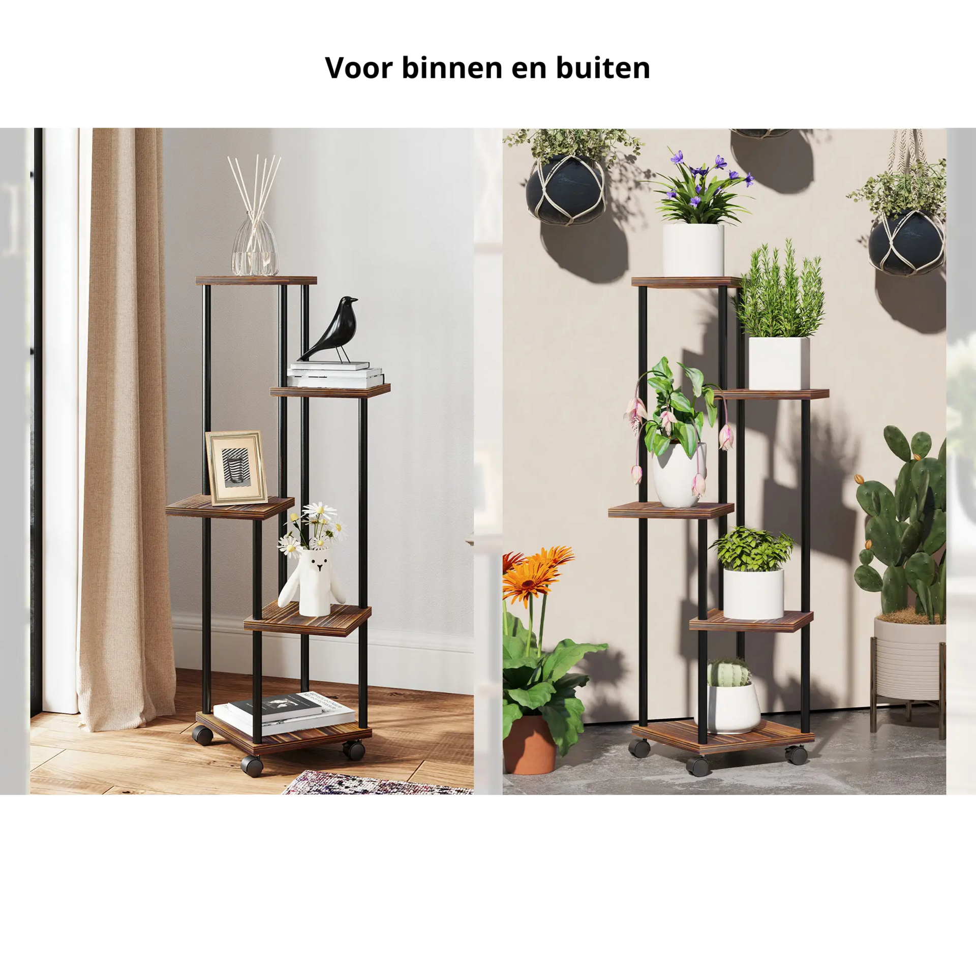 Verrijdbare plantenstandaard met 5 niveaus – zwart metaal, 110 cm hoog