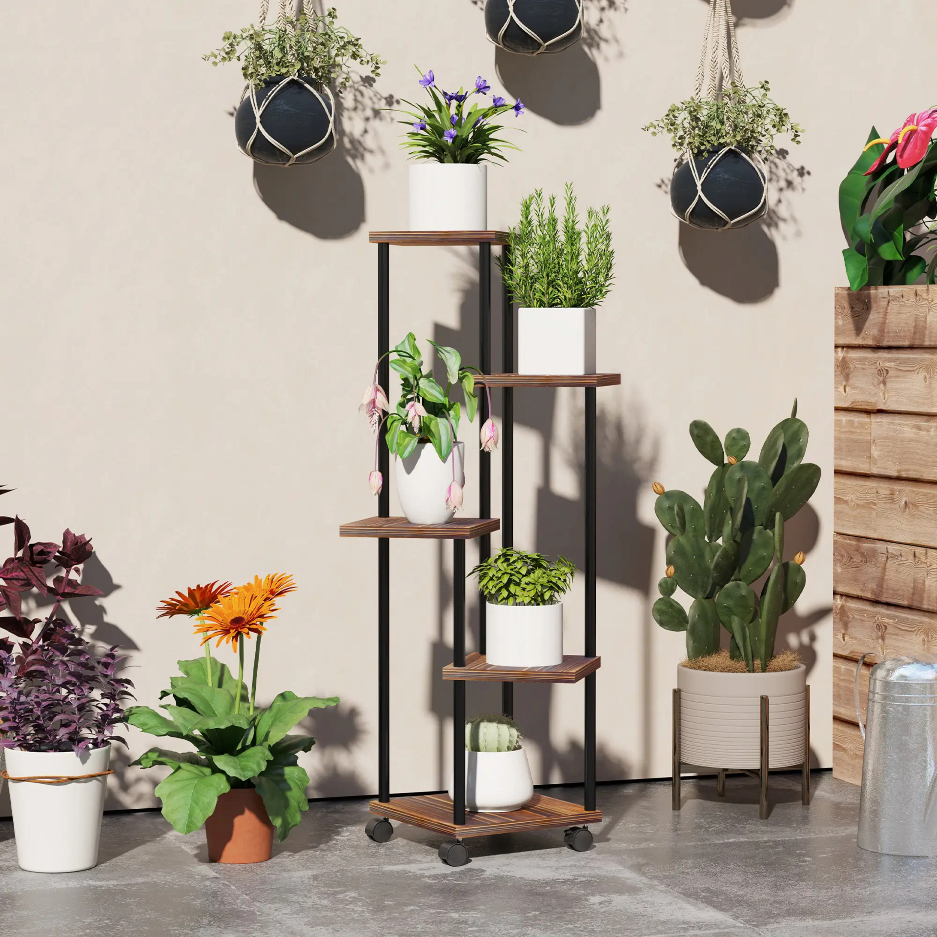 Verrijdbare plantenstandaard met 5 niveaus – zwart metaal, 110 cm hoog