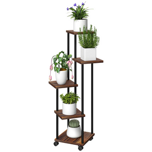Verrijdbare plantenstandaard met 5 niveaus – zwart metaal, 110 cm hoog met wielen en houten planken voor planten en bloempotten