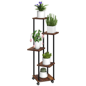 Verrijdbare plantenstandaard met 5 niveaus – zwart metaal, 110 cm hoog, met houten plank en casters voor binnengebruik
