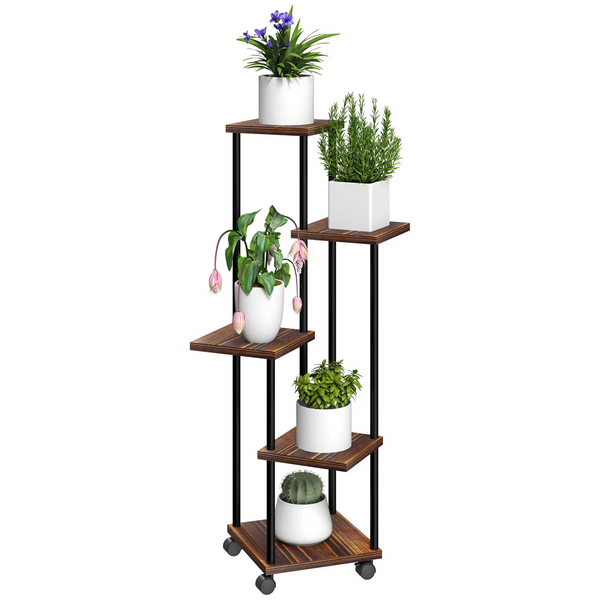 Verrijdbare plantenstandaard met 5 niveaus – zwart metaal, 110 cm hoog