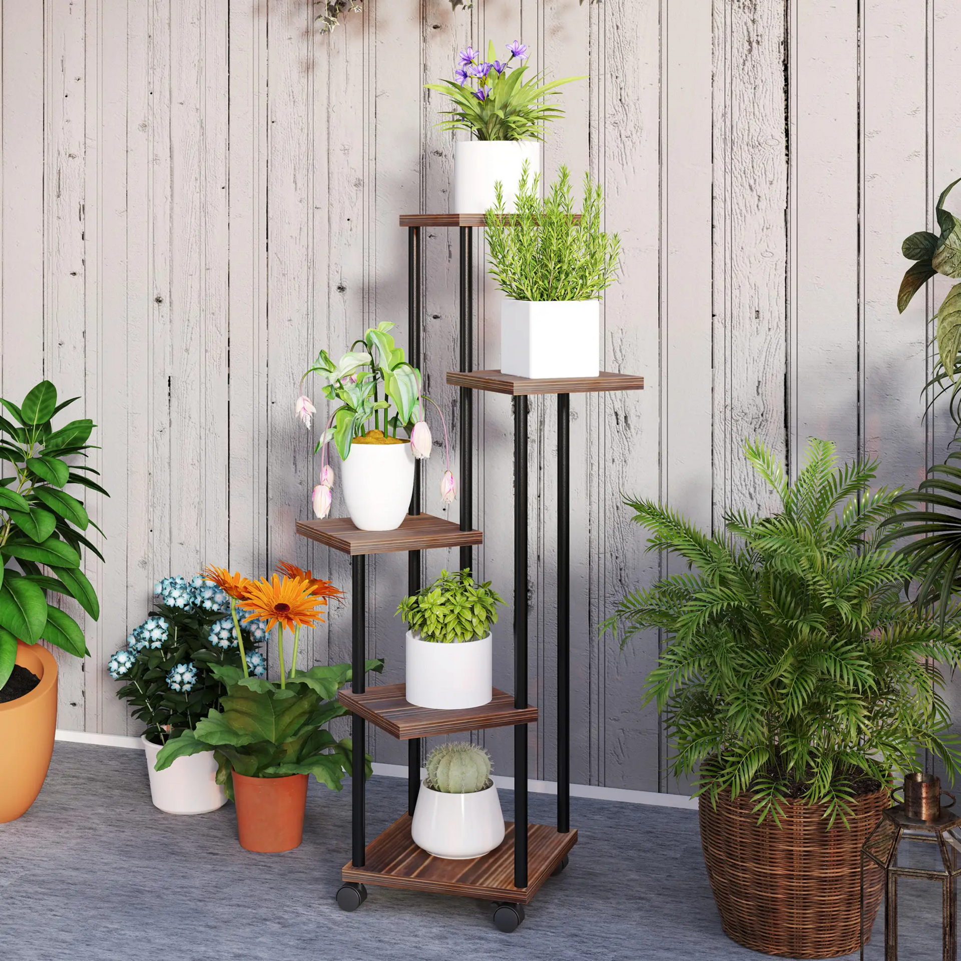 Verrijdbare plantenstandaard met 5 niveaus – zwart metaal, 110 cm hoog