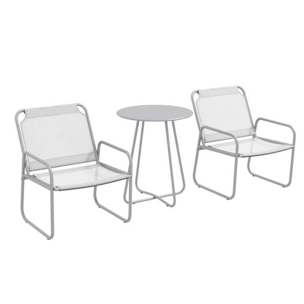 Grijze 3-delige bistroset – ademende stoelen en metalen tafel voor balkon of tuin