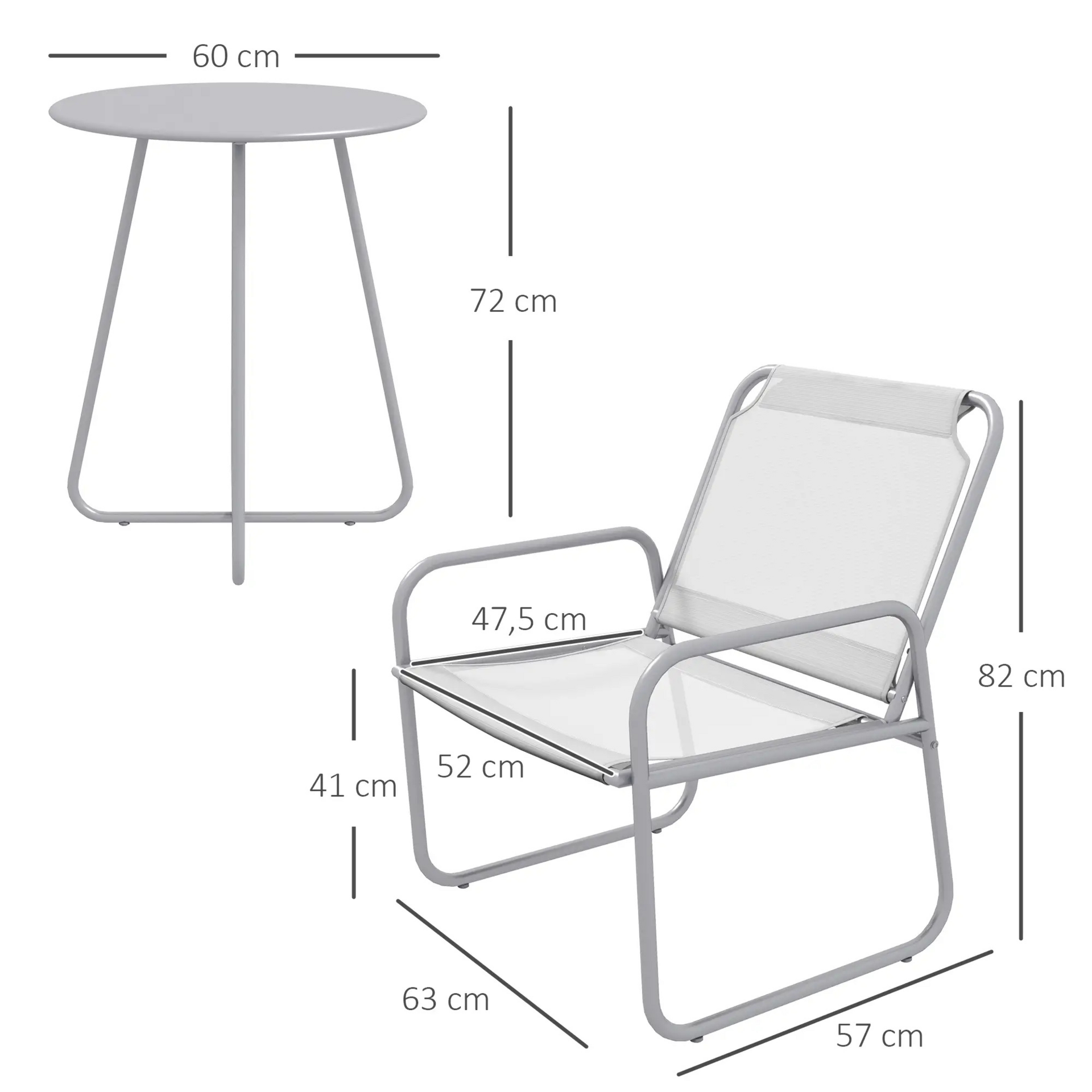 Grijze 3-delige bistroset – ademende stoelen en metalen tafel voor balkon of tuin