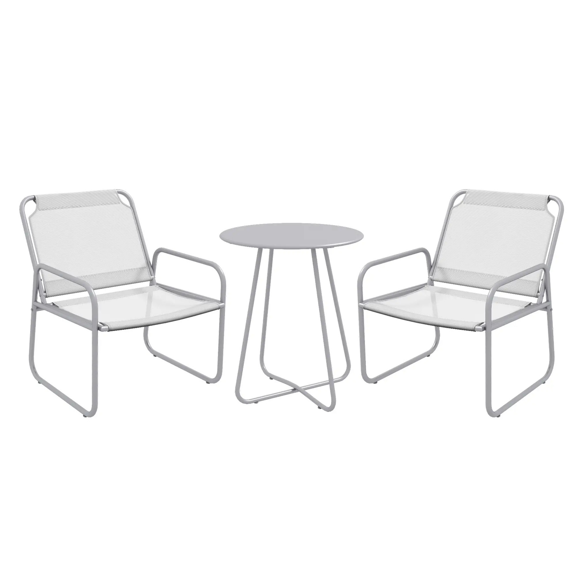 Grijze 3-delige bistroset – ademende stoelen en metalen tafel voor balkon of tuin