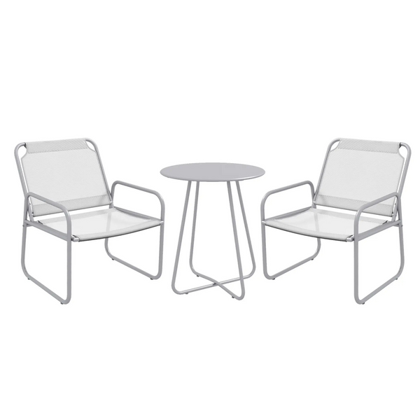 Grijze 3-delige bistroset – ademende stoelen en metalen tafel voor balkon of tuin