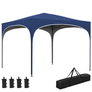 Blauwe Easy Up partytent 3x3 m – waterdicht met zandzakken en draagtas voor bescherming en draaggemak in de tuin