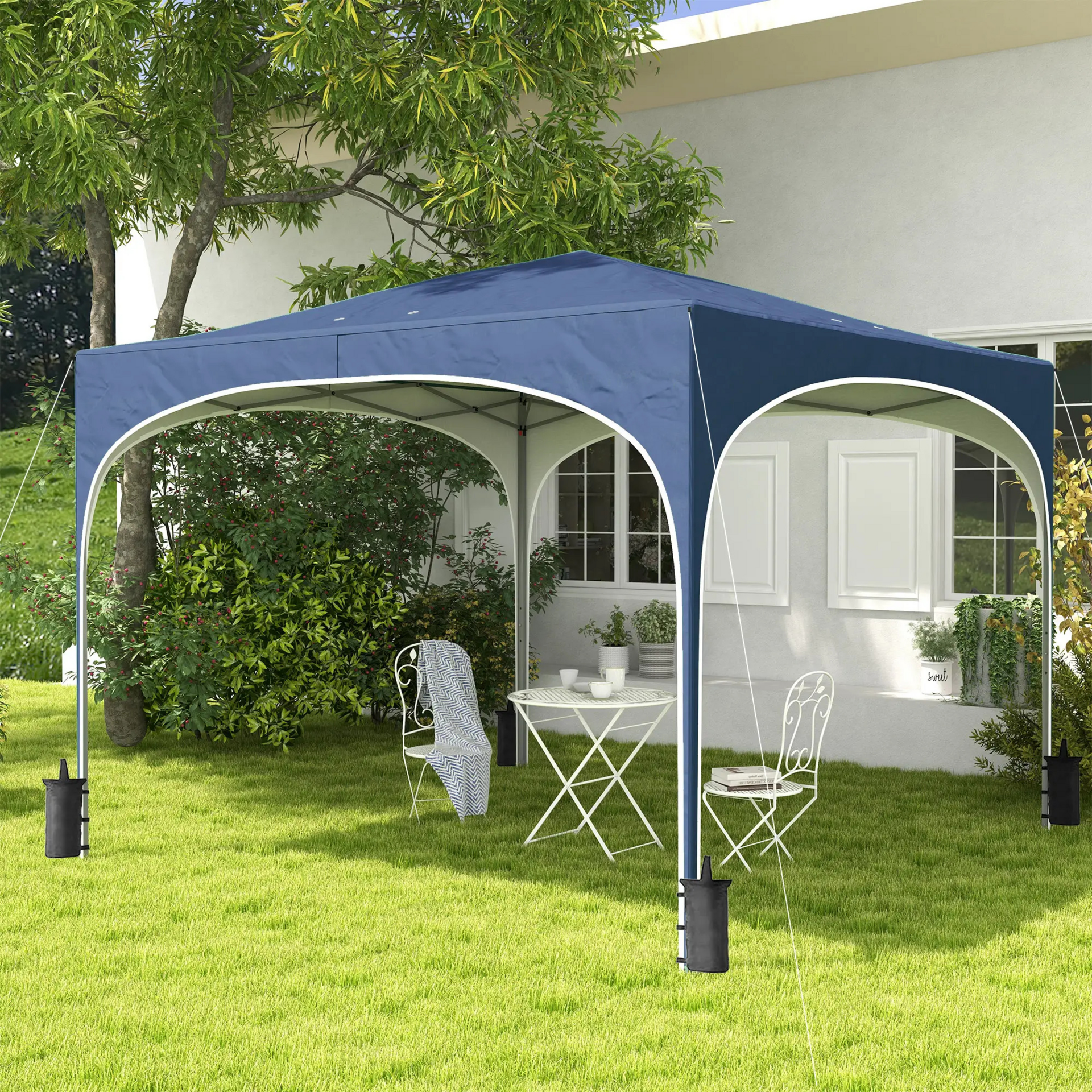 Blauwe Easy Up partytent 3x3 m – waterdicht met zandzakken en draagtas