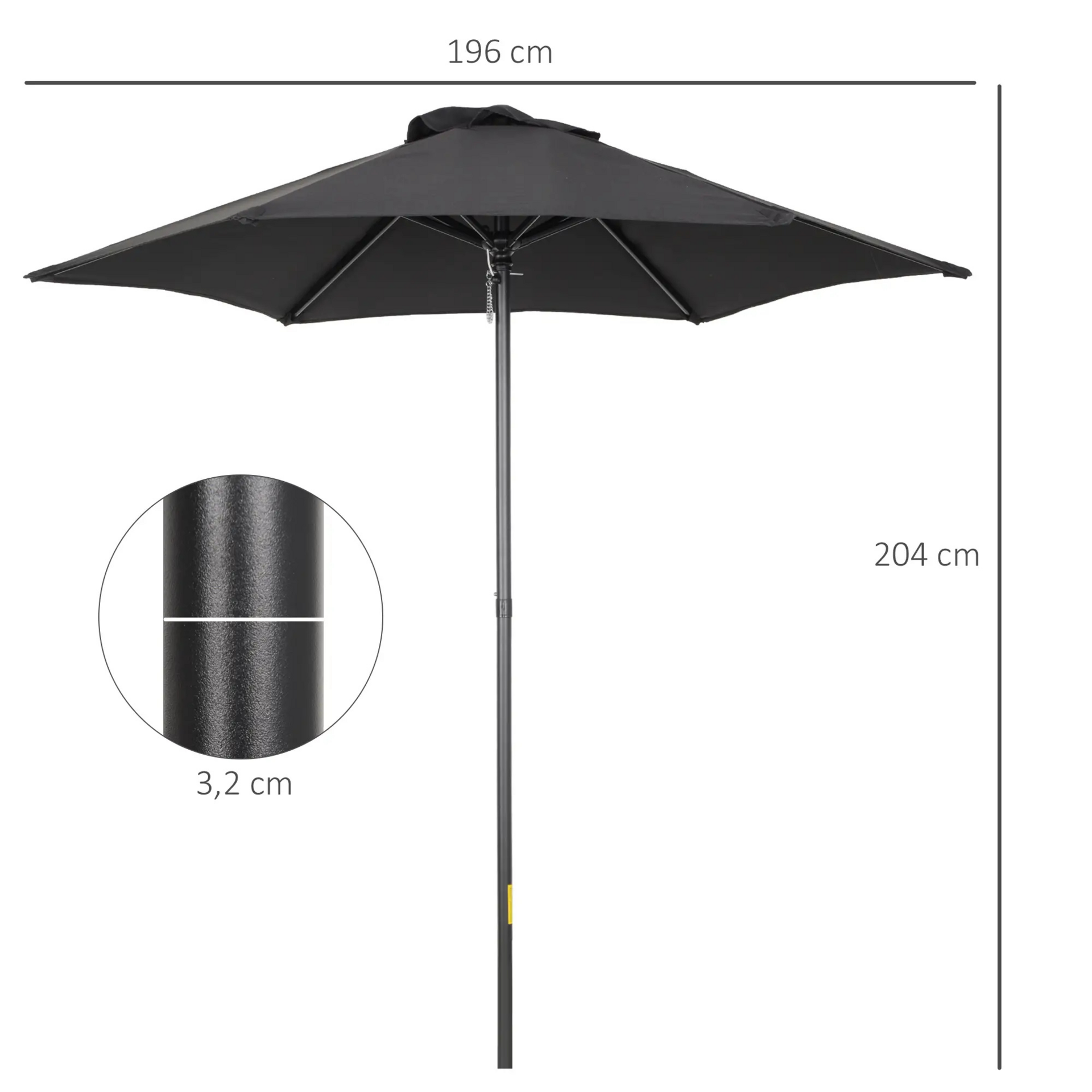 Zwarte parasol Ø196 cm – lichtgewicht met push-up mechanisme en ventilatie