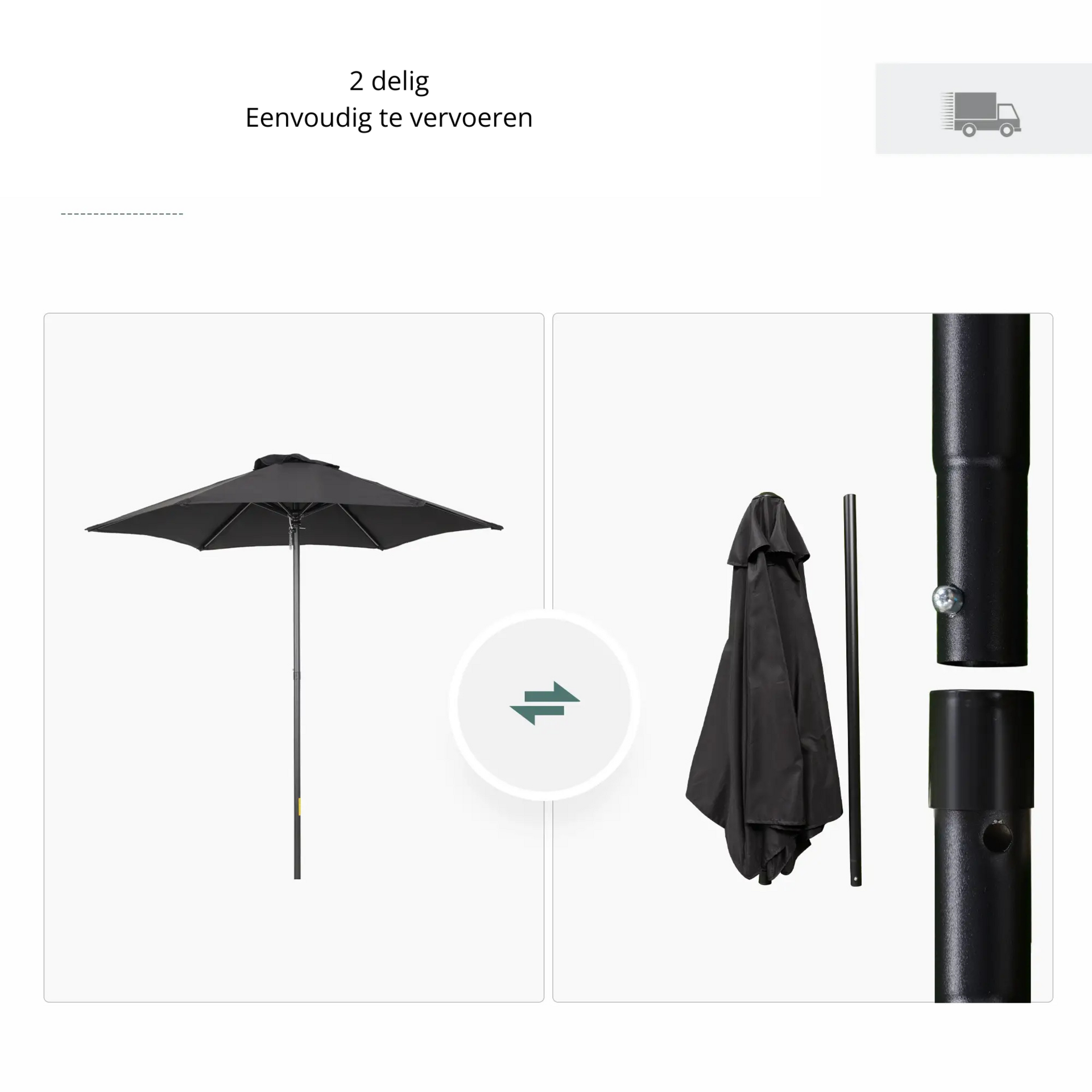 Zwarte parasol Ø196 cm – lichtgewicht met push-up mechanisme en ventilatie
