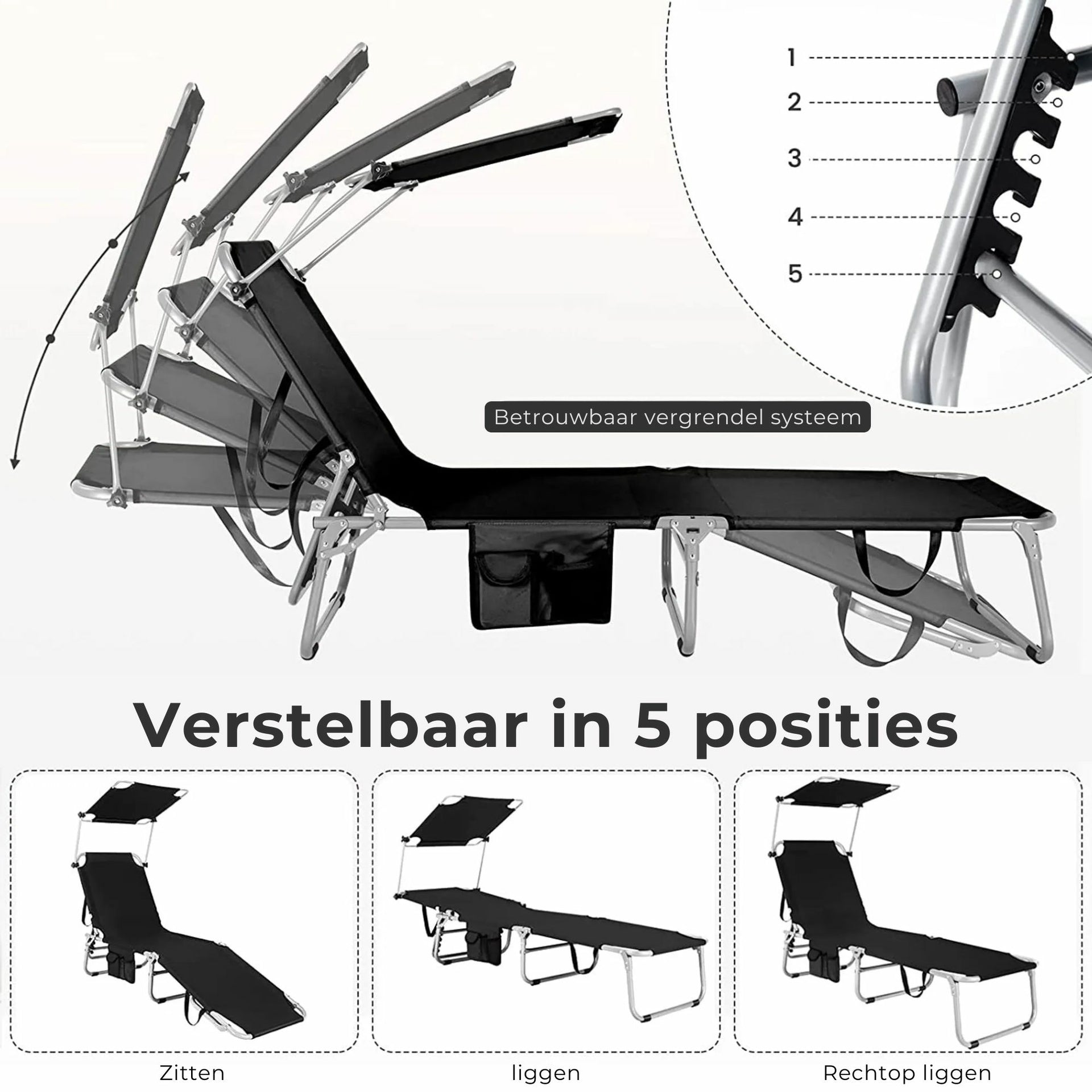 Zwart ligbed met zonnedak 193x56 cm – verstelbaar en opvouwbaar tot 150 kg