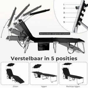 Zwart ligbed met zonnedak 193x56 cm – verstelbaar in 5 posities, opvouwbaar en geschikt tot 150 kg voor optimaal comfort