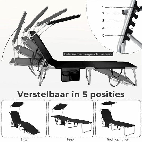 Zwart ligbed met zonnedak 193x56 cm – verstelbaar en opvouwbaar tot 150 kg