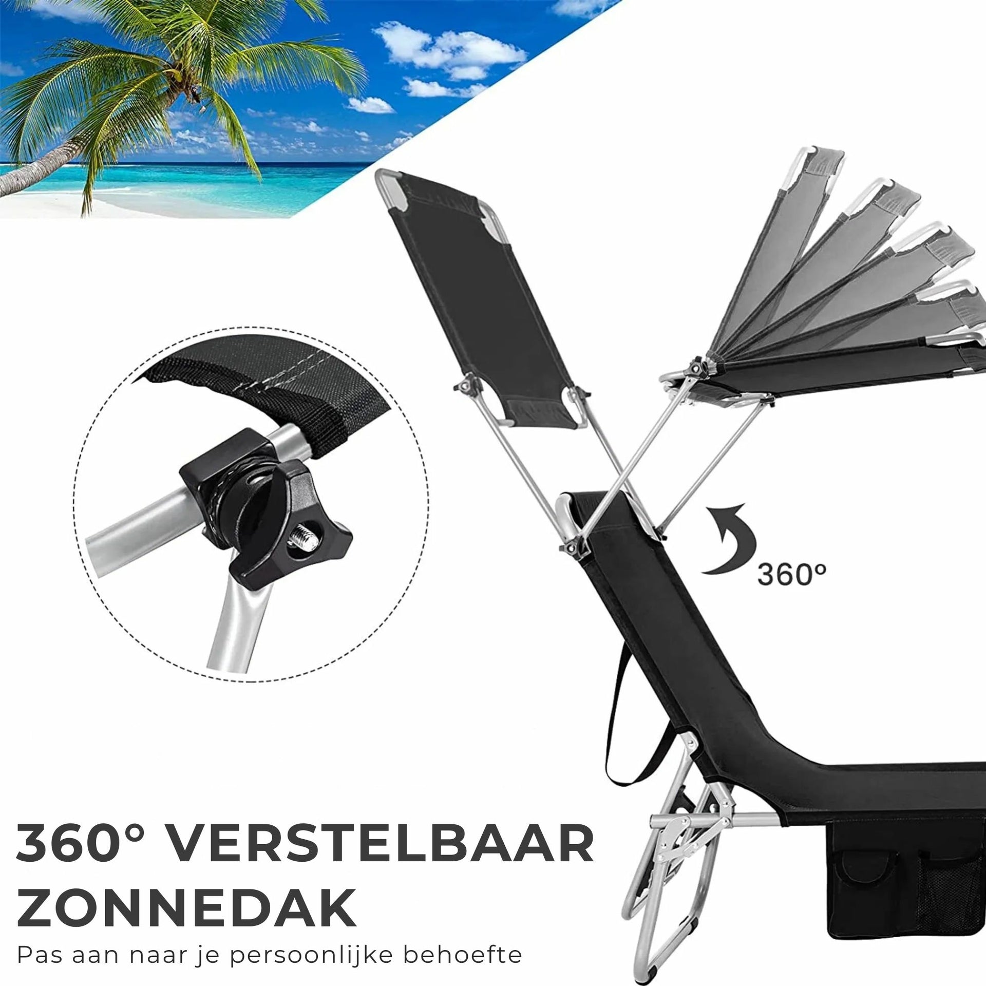 Zwart ligbed met zonnedak 193x56 cm – verstelbaar en opvouwbaar tot 150 kg