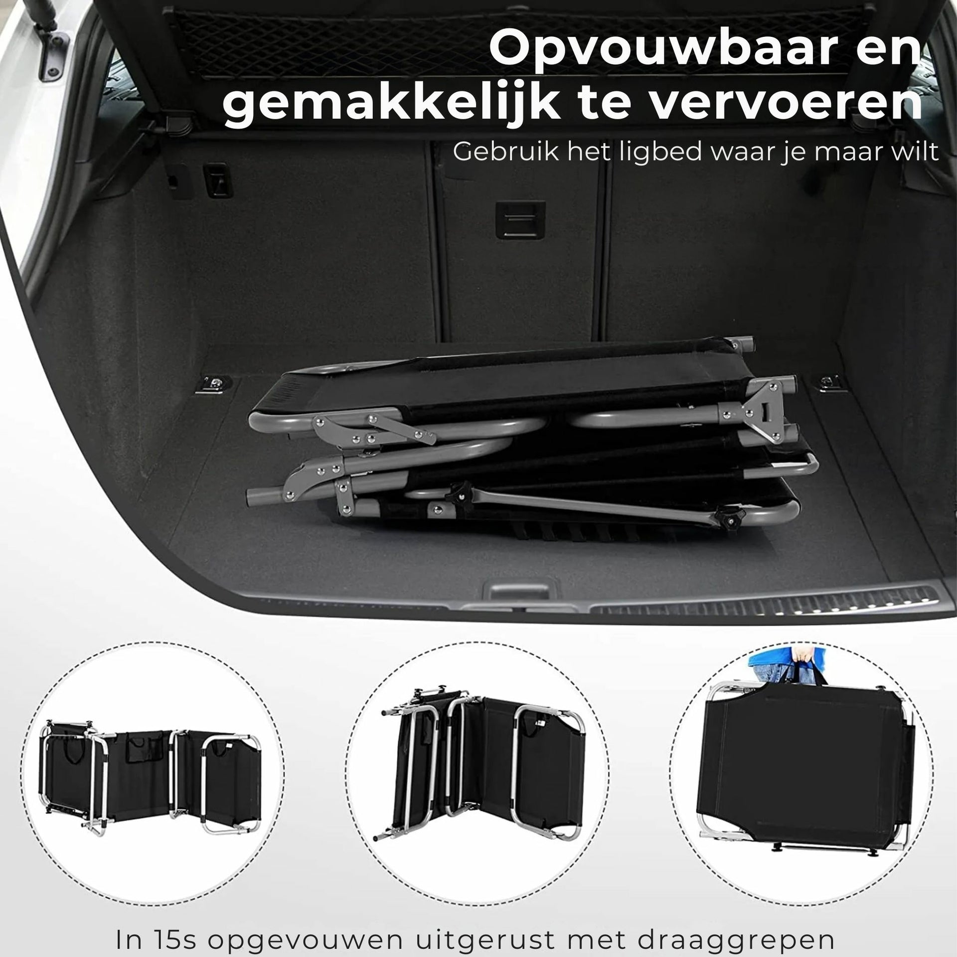Zwart ligbed met zonnedak 193x56 cm – verstelbaar en opvouwbaar tot 150 kg
