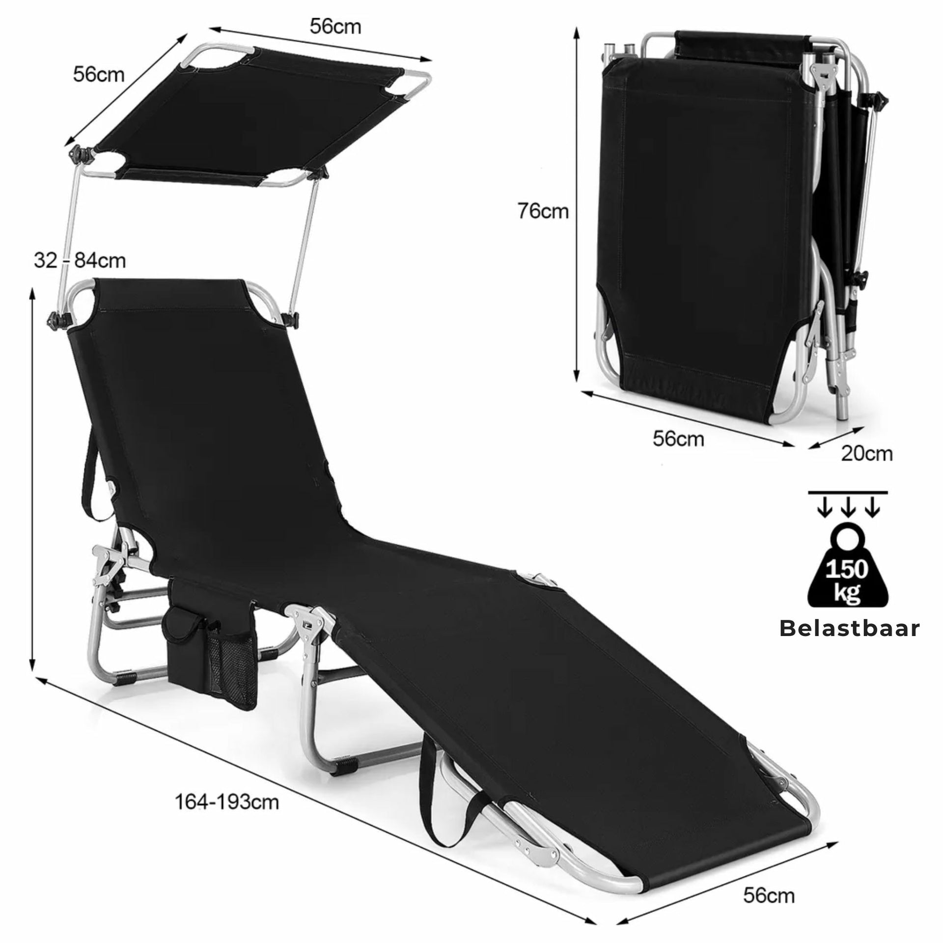 Zwart ligbed met zonnedak 193x56 cm – verstelbaar en opvouwbaar tot 150 kg