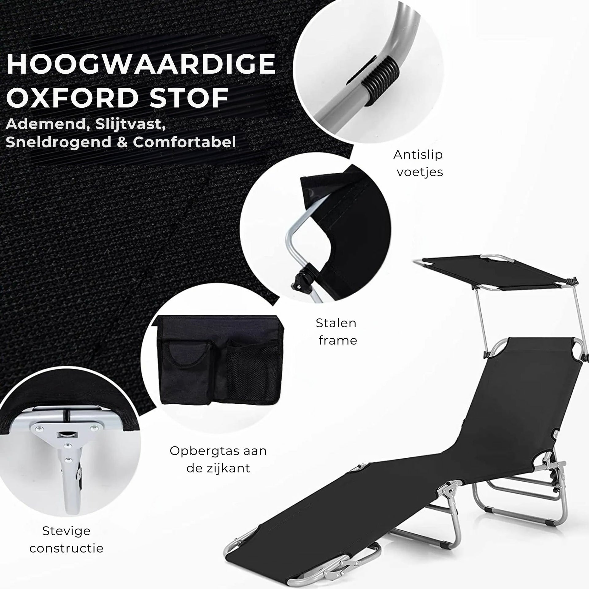Zwart ligbed met zonnedak 193x56 cm – verstelbaar en opvouwbaar tot 150 kg