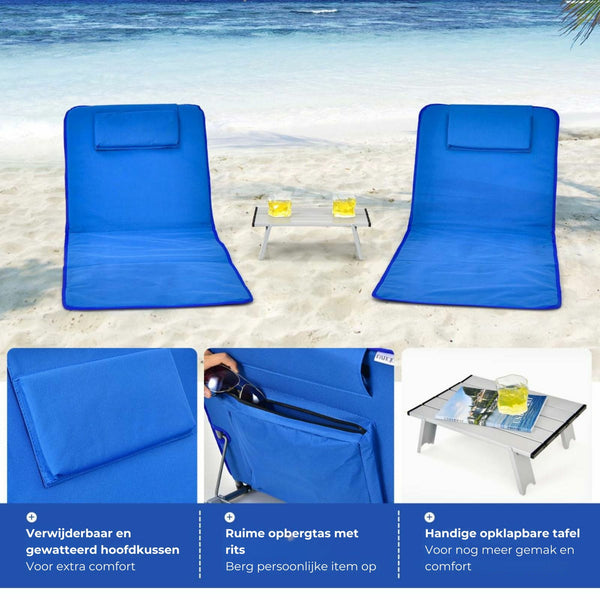 3-delige strandmatset blauw – verstelbare stoelen met klaptafel en kussens